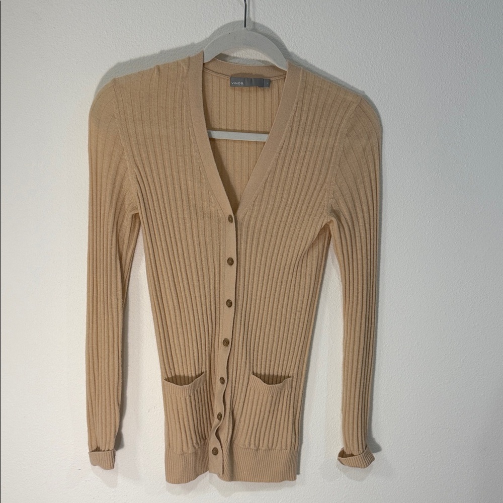 Vince Cashmere Beige Ribbed Cardigan Sweater
